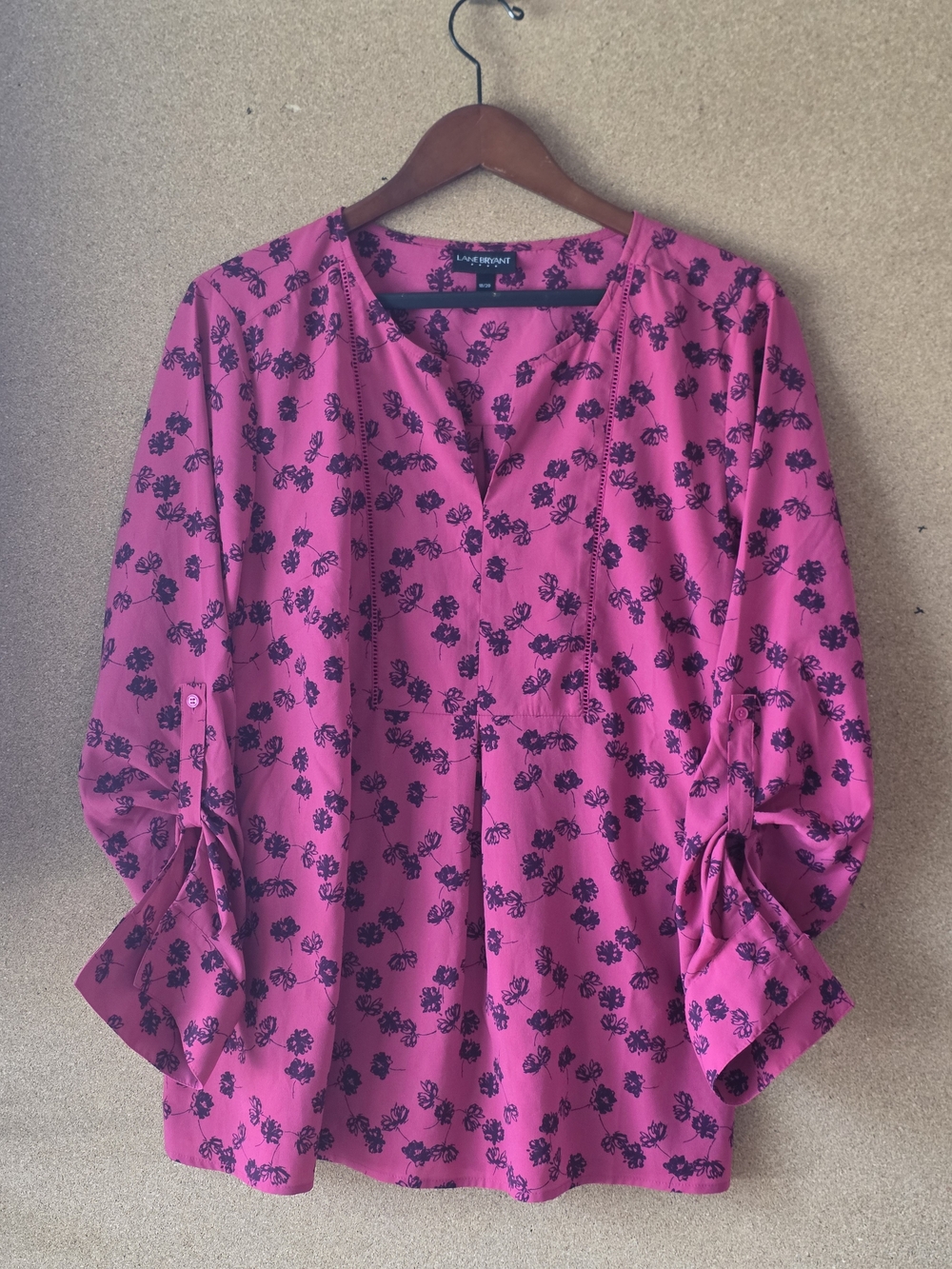 Lane Bryant Deep Pink Floral Split V-Neck Popover Blouse Tunic 18/20